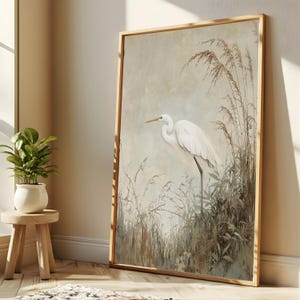 White Egret Wall Art, Coastal Marsh Framed Canvas, Neutral Nature Artwork, Serene Beach House Decor Prints image 4