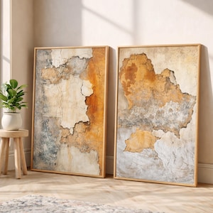 Set of 2 Rustic Earth Abstract Wall Art, Warm Neutral Framed Canvas, Weathered Plaster Print, Textured-Look Artistic Poster, Modern Home Art