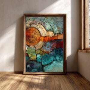 Tree Trunk Wall Art, Colorful Abstract Wood Slice Print, Teal Navy Timber Poster, Large Framed Canvas Decor, Natural Texture Artwork