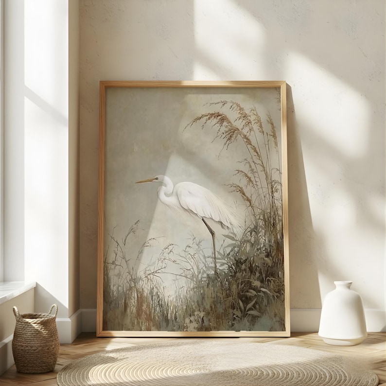 White Egret Wall Art, Coastal Marsh Framed Canvas, Neutral Nature Artwork, Serene Beach House Decor Prints image 2