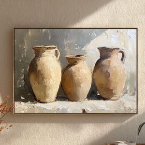 Rustic Pottery Canvas Art, Neutral Ceramic Vase Wall Decor, Textured-Look Farmhouse Print, Warm Earthy Accent