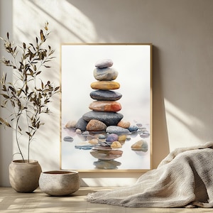 Zen Stone Aesthetic Wall Art, Minimalist Watercolor Rocks Canvas, Neutral Print, Modern Meditative Home Decor