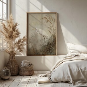 White Egret Wall Art, Coastal Marsh Framed Canvas, Neutral Nature Artwork, Serene Beach House Decor Prints image 5