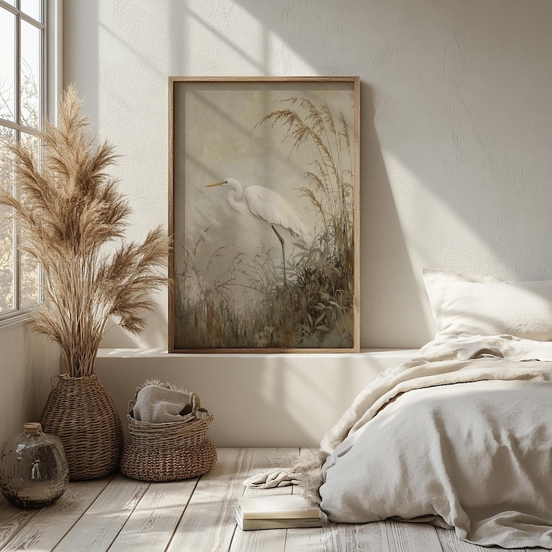 White Egret Wall Art, Coastal Marsh Framed Canvas, Neutral Nature Artwork, Serene Beach House Decor Prints image 5