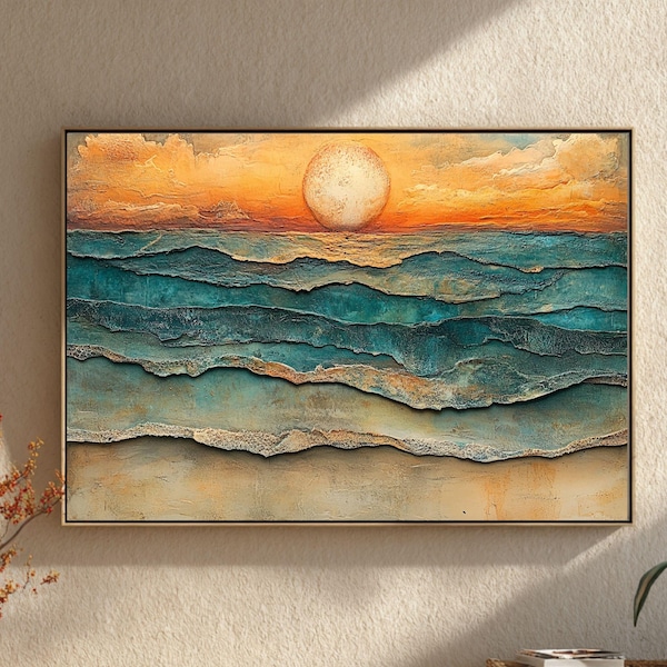 Horizon Waves Textured Look Canvas Art, Famed Coastal Wall Print, Ocean Sunset Abstract