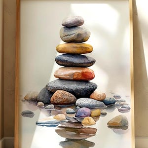 Zen Stone Aesthetic Wall Art, Minimalist Watercolor Rocks Canvas, Neutral Print, Modern Meditative Home Decor