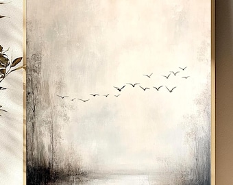 Misty Forest Wall Art, Migrating Geese Landscape Print, Ethereal Neutral Nature Canvas, Dreamy Woodland Poster, Serene Artistic Decor