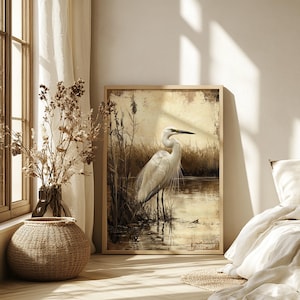 Vintage Egret Marsh Wall Art, Rustic Nature Bird Poster, Classic Wetland Wildlife Canvas Print, Detailed Earthy Home Decor, Egret Lover Gift