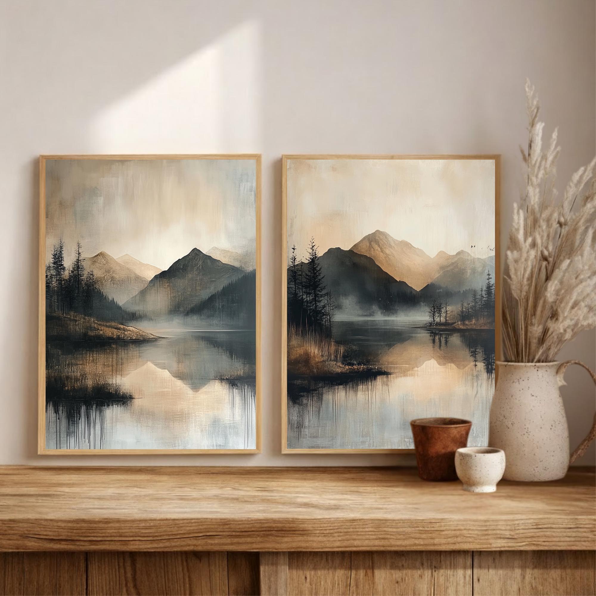 Set of 2 Misty Mountain Lake Wall Art, Neutral Landscape Framed Canvas ...