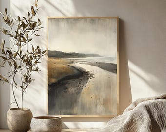 Soft Coastal Shoreline Wall Art, Neutral Beach Landscape Canvas, Misty Seascape Print, Serene Ocean Horizon Poster, Calm Modern Home Decor