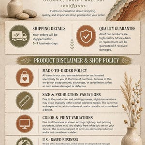 The image is a shipping details and shop policy document for an organic, earthy wall art business called "Eartha". It provides helpful information about shipping, quality guarantee, and shop policies for customers.