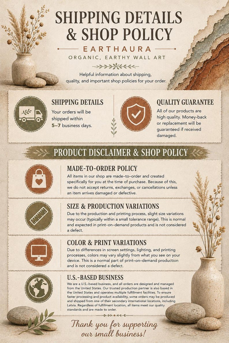 The image is a shipping details and shop policy document for an organic, earthy wall art business called "Eartha". It provides helpful information about shipping, quality guarantee, and shop policies for customers.
