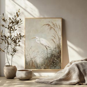 White Egret Wall Art, Coastal Marsh Framed Canvas, Neutral Nature Artwork, Serene Beach House Decor Prints image 3