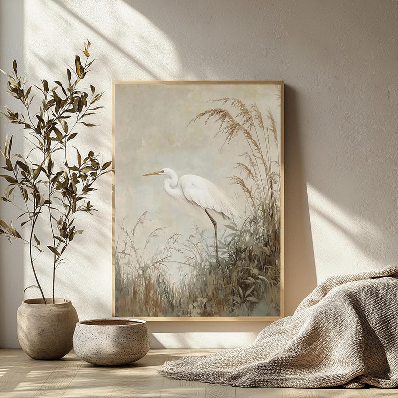 White Egret Wall Art, Coastal Marsh Framed Canvas, Neutral Nature Artwork, Serene Beach House Decor Prints image 3