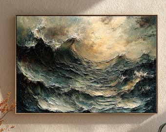 May include: A rectangular wall art print featuring a textured oil painting of a turbulent ocean with dark blue and green waves crashing under a cloudy, golden-toned sky. The artwork displays thick, visible brushstrokes and a dramatic seascape.