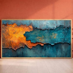 May include: A rectangular wall art piece featuring a thick, textured impasto application of paint. The composition displays a bold contrast between vibrant orange and deep teal blue sections, layered to create a rugged, three-dimensional surface.