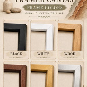 The image is an advertisement for "Earthaura Framed Canvas Frame Colors", showcasing various frame colors such as black, white, wood, dark wood, gold, and silver.
