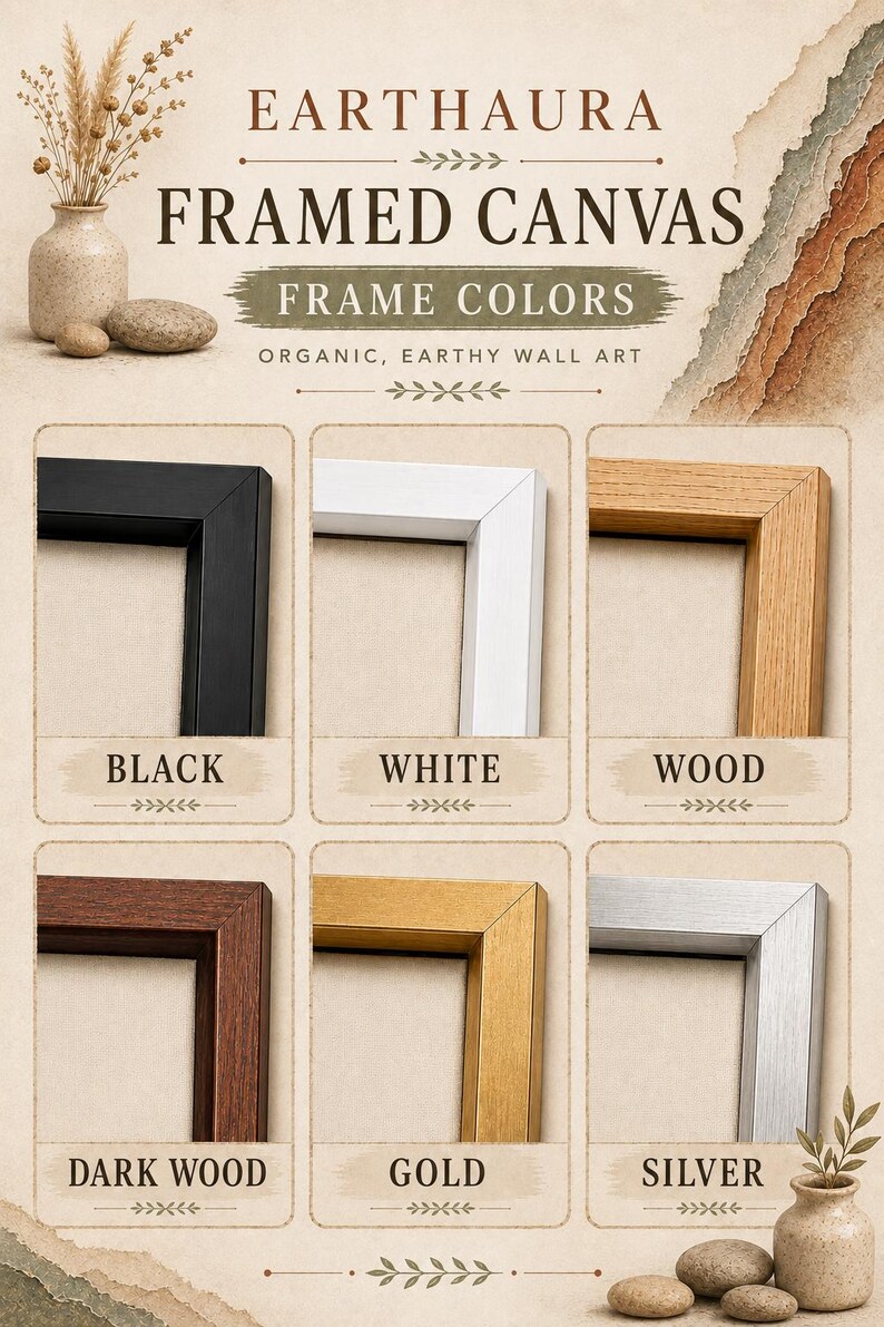 The image is an advertisement for "Earthaura Framed Canvas Frame Colors", showcasing various frame colors such as black, white, wood, dark wood, gold, and silver.