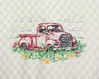 Waffle Weave Kitchen Towel "Idyllic Retro Truck Scene" towel/Kitchen or Country or Patio Decor/Black, Gray, Cream or White Waffle Weave