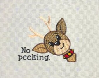 Machine Embroidered "No Peeking" Jolly Reindeer on White Waffle Weave Kitchen Towel/Celebrate Holidays