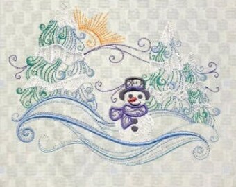 Decorative Machine Embroidered "Swirly Snowman Scene" Design White or Cream Waffle Weave/Kitchen Towel/Kitchen Winter Decor