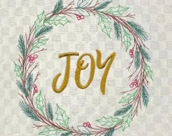 Machine Embroidered  "Joy Wreath"Towel, Design Hand Towel, Guest towel, Hostess Gift/Kitchen Towel/Cream or White Waffle Weave Towel