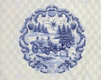 Machine Embroidered "Blue Vintage Christmas Carriage" Design Towel/Guest towel/ Hostess Gift/Christmas Decor/Cream or White Waffle Weave