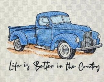 Farmhouse Style - "Life is Better in the Country" Vintage Truck Embroidery Design Cream or White Waffle Weave/White Hand Towel/Kitchen Decor