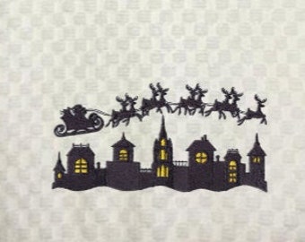 Machine Embroidered "Christmas Flight Silhouette with Rudolph" Design White Hand Towel/Guest towel/Cream/White Waffle Weave/Christmas Decor