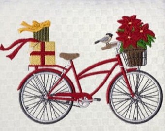 Machine Embroidered "Merry Christmas" Bicycle Design Towel/White or Cream Waffle Weave Towel/Hand Towel/Guest towel 4 Bath/Gift for Holidays