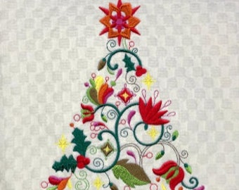 Machine Embroidered "Floral Christmas Tree" Design - Towel/White Hand Towel/Guest towel/Hostess Gift/White Waffle Weave/Holiday Decor