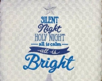 Machine Embroidered "Silent Night Holy Night" Christmas Design on White Hand Towel/Hostess Gift/Cream or White Waffle Weave/Christmas Decor