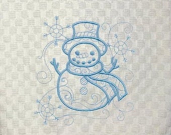 Decorative Machine Embroidered "Doodle Snowman" Design Cream or White Waffle Weave/Kitchen Towel