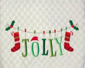 Decorative Machine Embroidered "Holly Jolly Clothesline" Design Towel, Cream or White Waffle Weave/ White Hand Towel/Kitchen Towel