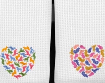 Machine Embroidered "Dog and Cat Silhouette Heart" Design - White Waffle Weave or White Hand Towel Set