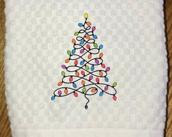 Machine Embroidered "Season of Lights Christmas Tree" Design on White or Cream Waffle Weave/Hostess Gift/Holiday Decor/Christmas Towel
