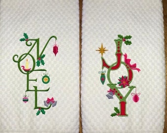 Set of 2 Embroidered or Single Noel or Joy Design Towels, White Hand Towels/Guest Towels/Hostess Gift/Holiday Towels
