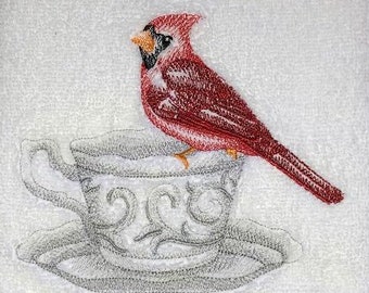 Machine Embroidered "Tea Party Cardinal"(Toile Design) Waffle Weave, Hand Towel, Guest towel, Hostess Gift/Gift for Bird Lover