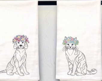 Single or Set of Two Machine Embroidered "Dog and Cat with Floral Crown" (Vintage), Gift for Dog and Cat Lovers, White or Cream Waffle Weave