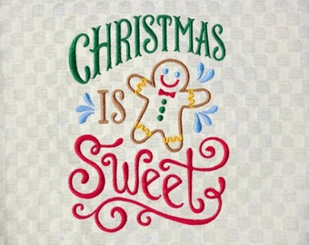 Machine Embroidered "Christmas is Sweet" Design Waffle Cream or White Weave/Kitchen Towel/Holiday Decor