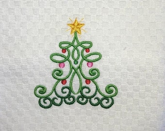 Machine Embroidery "Trim the Tree with Filigree" Design Cream or White Waffle Weave Towel, Embroidery Guest towel/Hostess Gift