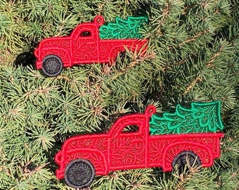 Machine Embroidered "Festive Christmas Retro Red Truck Lace Ornament " for your Holiday Decor or Gift Tag (Two sizes)