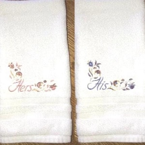 Machine Embroidery Set of 2 (Two) Embroidered &quot;His and Hers&quot;, White Hand Towels, Bathroom Decor, Wedding Gift, Bridal Shower Gift