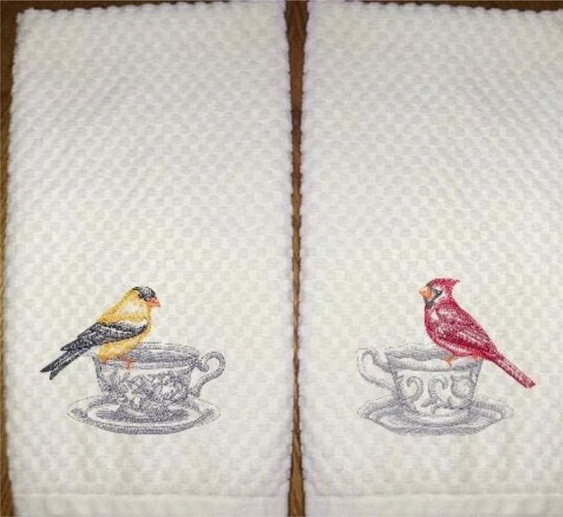 AliDianneCreations Embroidered Bird Tea Cup Towel - Thumbnail 3