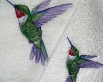 Embroidered "Ruby-Throat Hummingbird in Watercolor" Design - White Waffle Weave Towel or White Hand Towel or Hand Towel & Wash Cloth Set