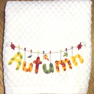 Machine Embroidered &quot;Autumn Clothesline&quot; Design Hand Towel/Cream or White Waffle Weave Towel/Guest towel for Bath/Hostess Gift/Fall Decor