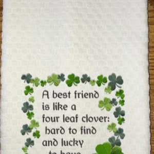 Machine Embroidered Best Friend and 4 Leaf Clover White Hand Towel/Cream or White Waffle Weave Towel/March Birthday Gift/Irish Decor image 2