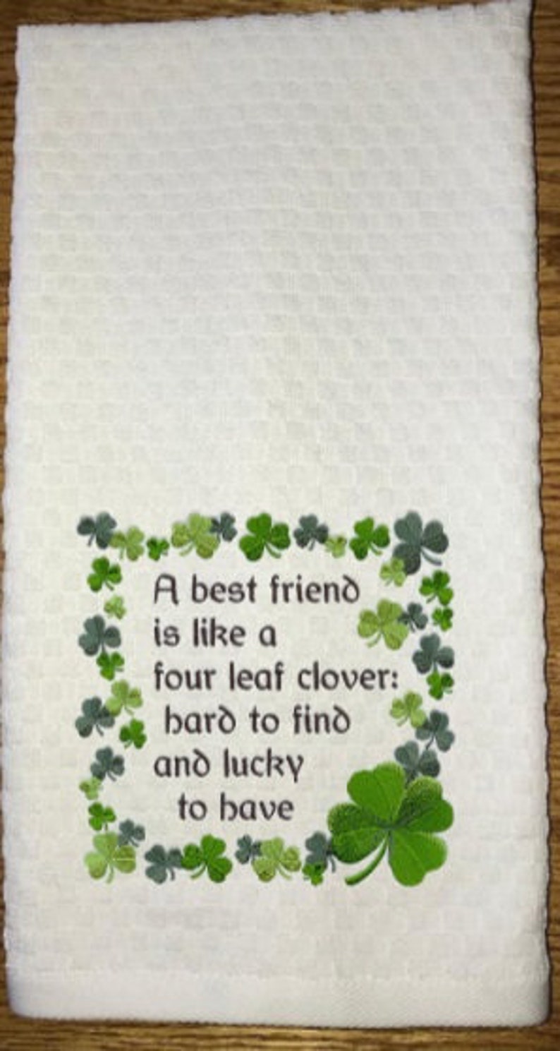 Machine Embroidered Best Friend and 4 Leaf Clover White Hand Towel/Cream or White Waffle Weave Towel/March Birthday Gift/Irish Decor image 2