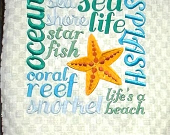 Embroidered Sea Life Waffle Weave Towel – Ocean Beach Decor