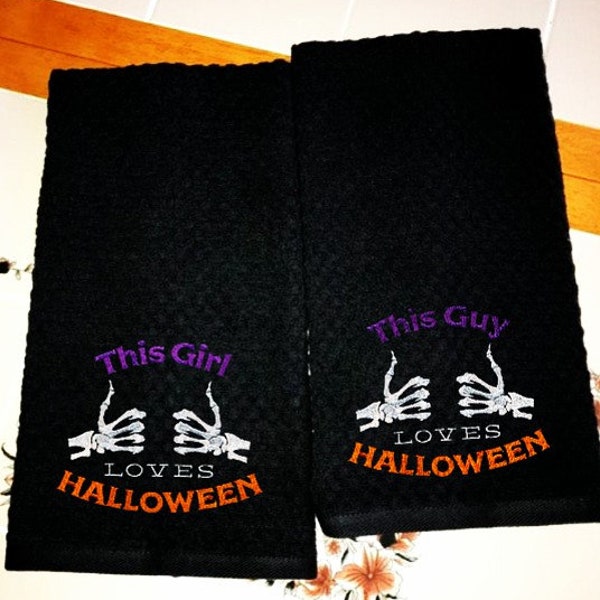 This GUY Loves Halloween/This GAL Loves Halloween Kitchen Towel Set, Hostess Gift/ Birthday Gift/Celebrate Autumn